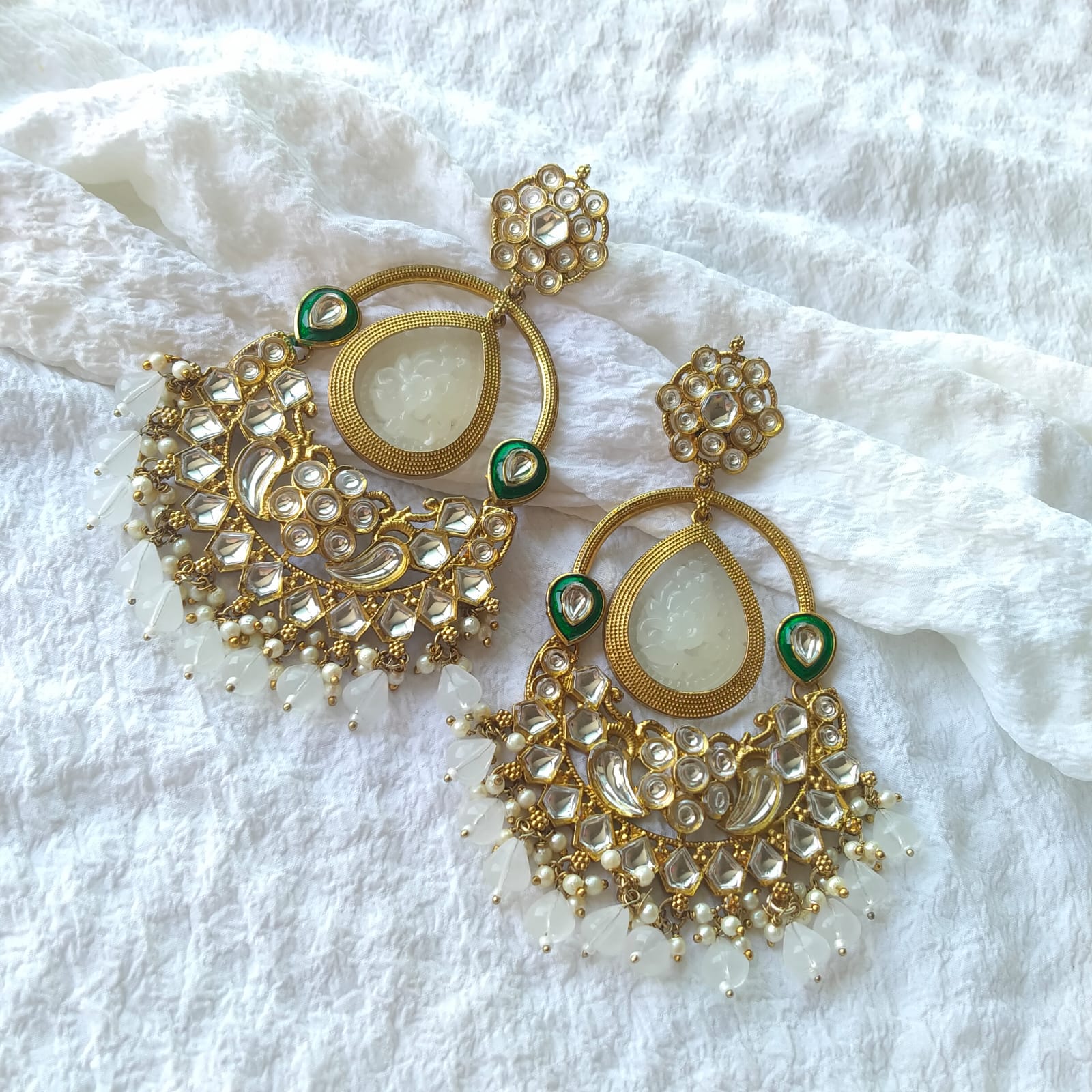 Royal Noor Kundan Chandbali Earrings with Jade & Pearl Drops