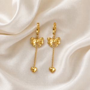 Gold Bow Heart Drop Earrings – Minimal Luxury Statement