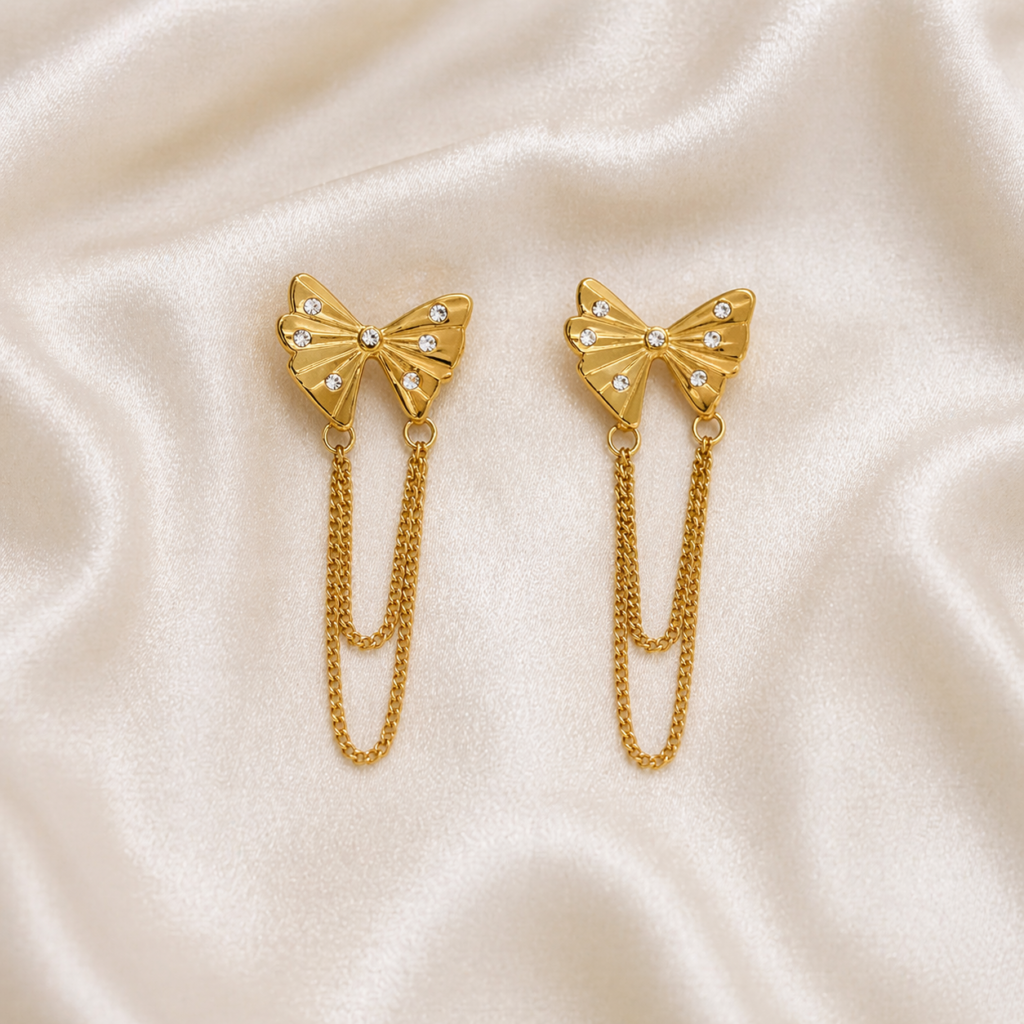 elegant bow drop earrings with fine chain detail